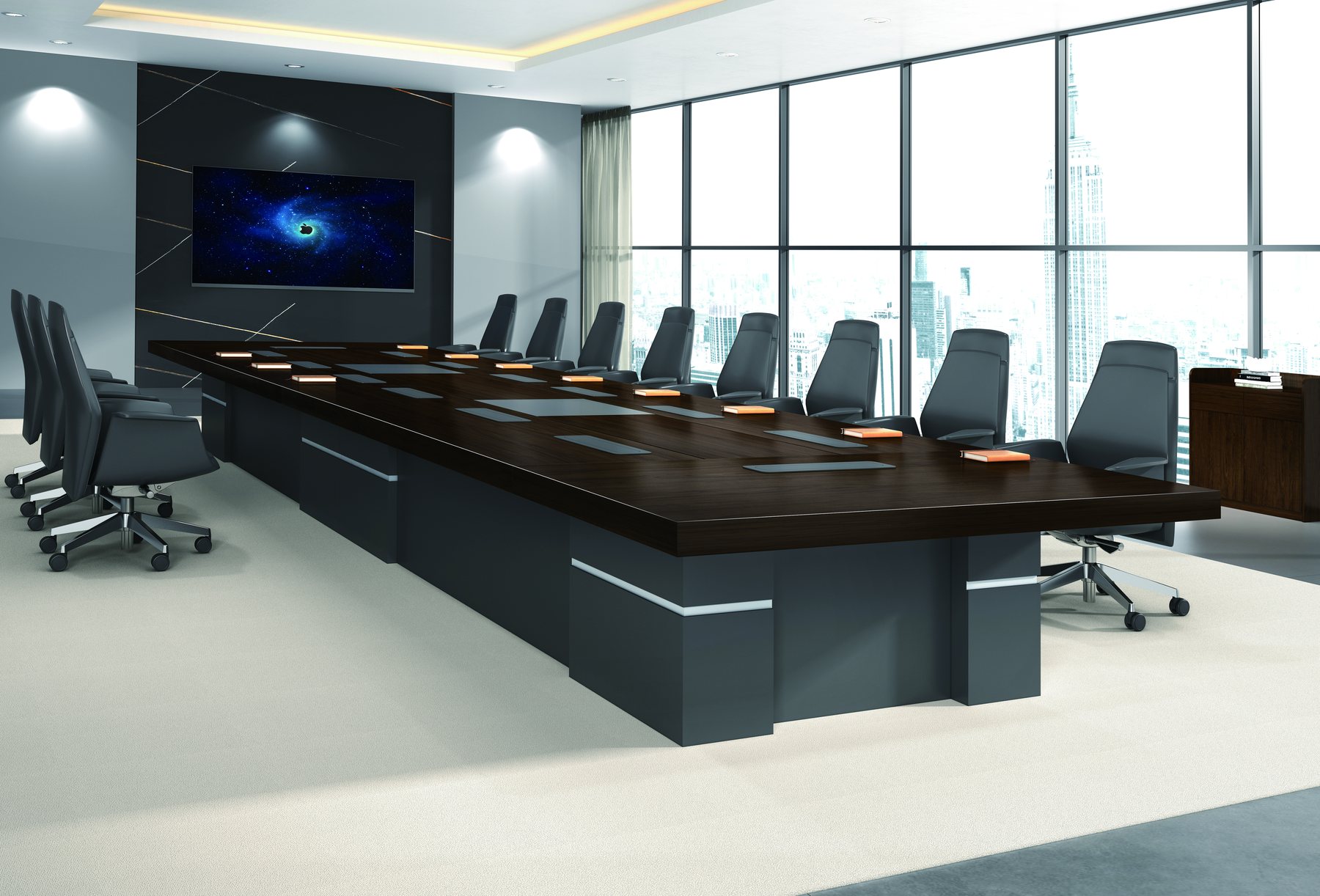 Dark timber executive boardroom setting