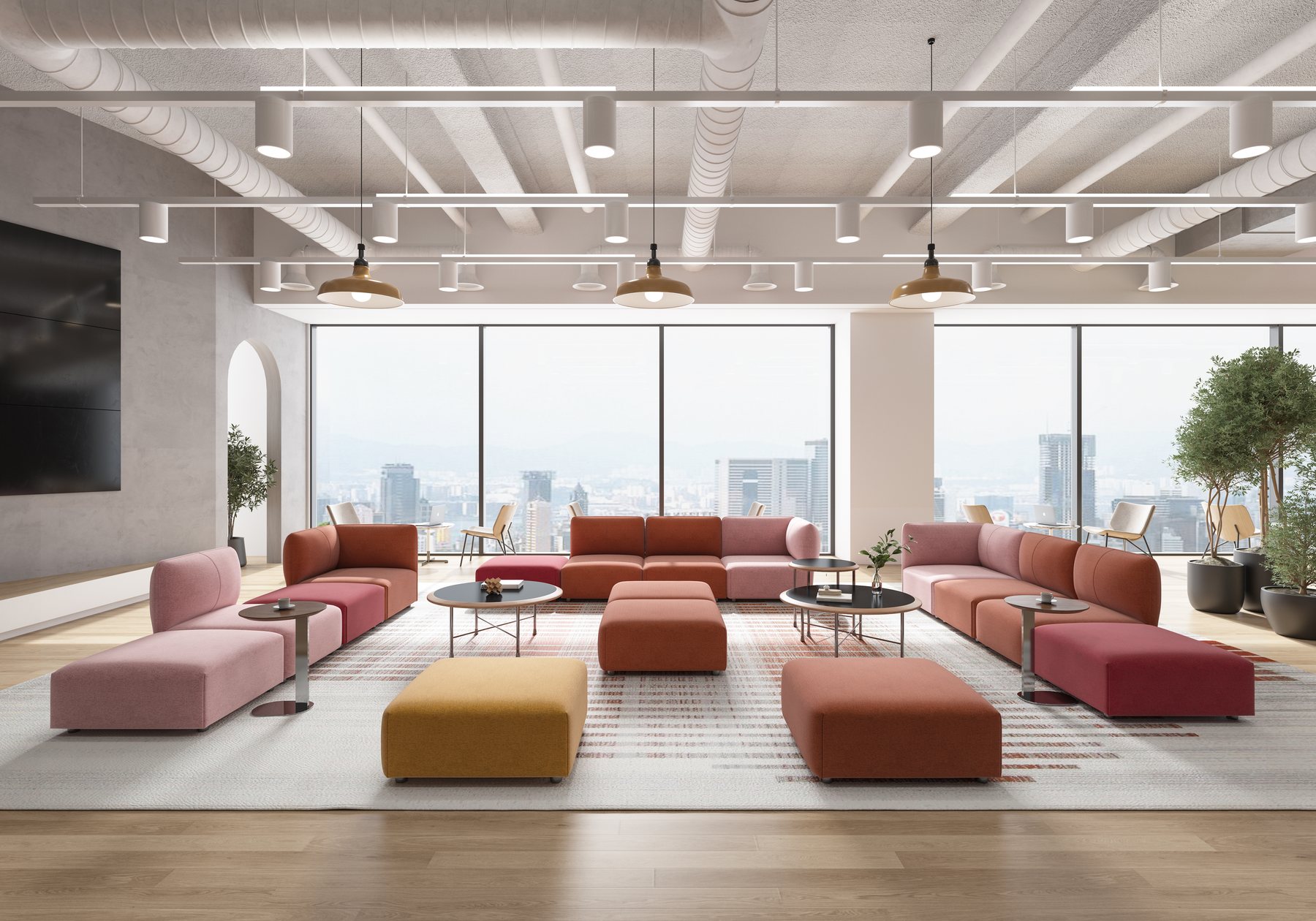 Coral modular lounge in a bright open office