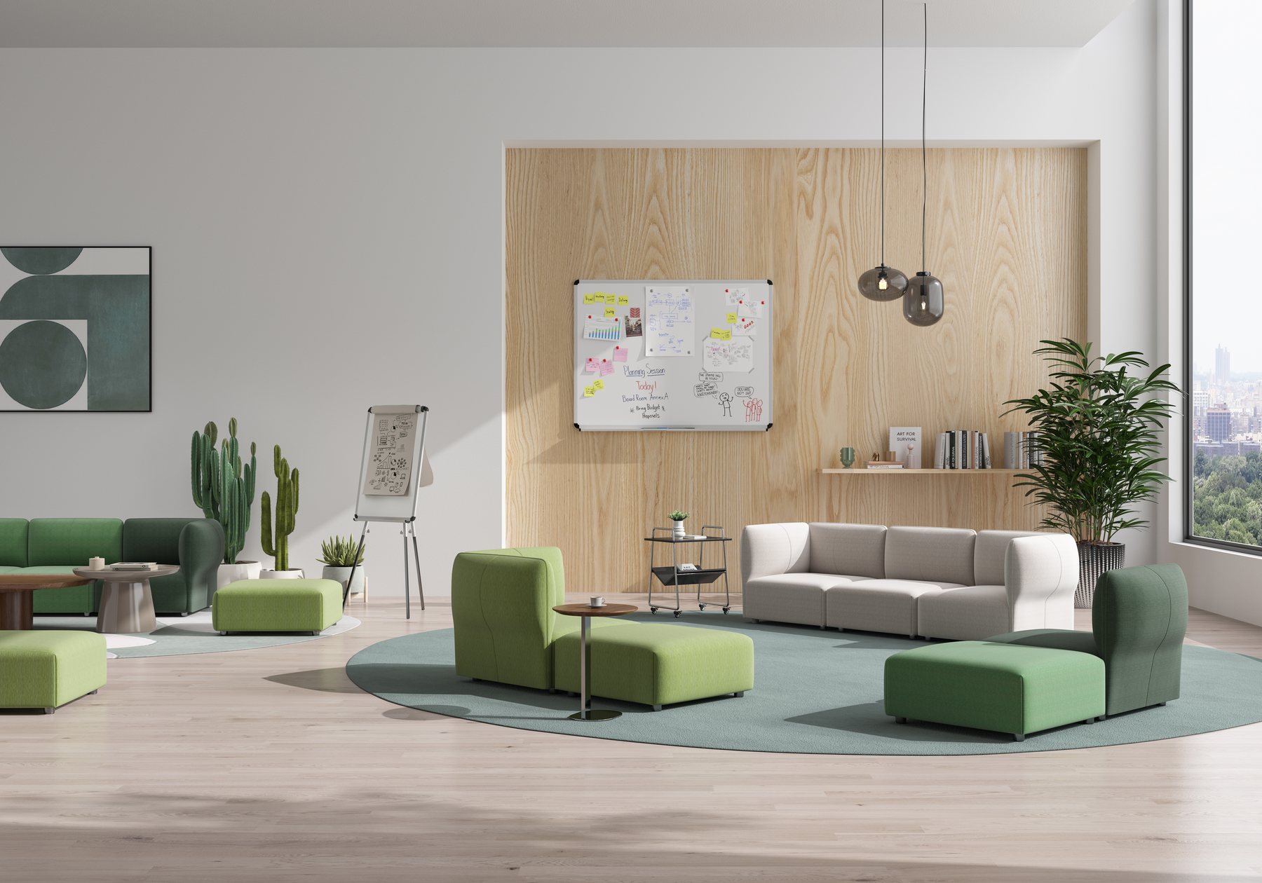 Green lounge furniture in a modern project space